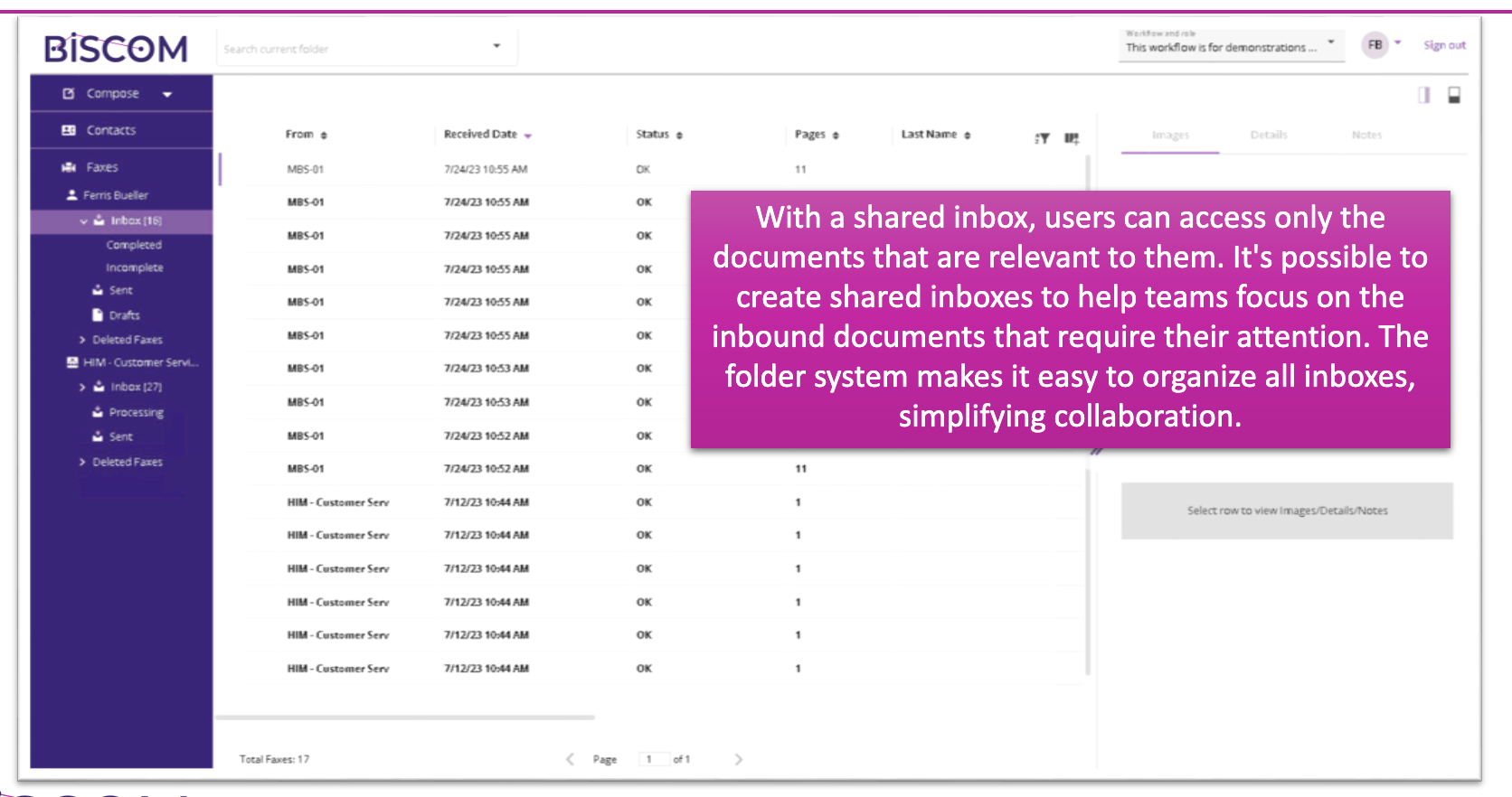 screenshot of Biscom Digital Fax